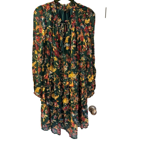 NWT Frye Green Botanical Floral Dress Sz S Peasant Ruffles Tiered Tassles Boho * - Picture 5 of 12